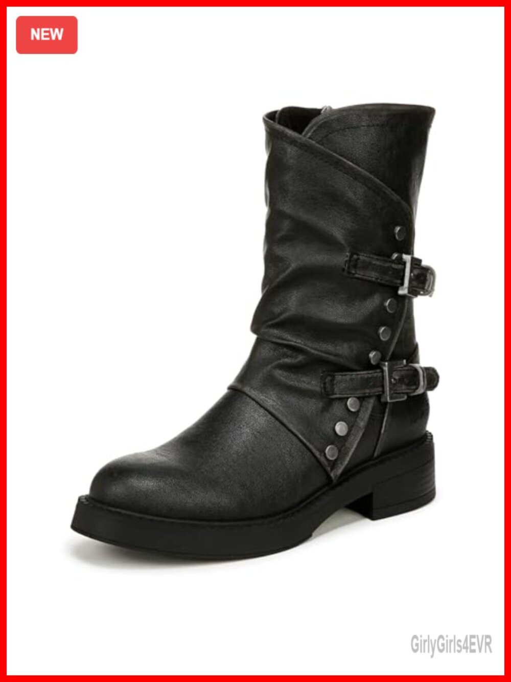 Faux-Leather Mid-Calf Moto Boots Side Zip Buckle Studded